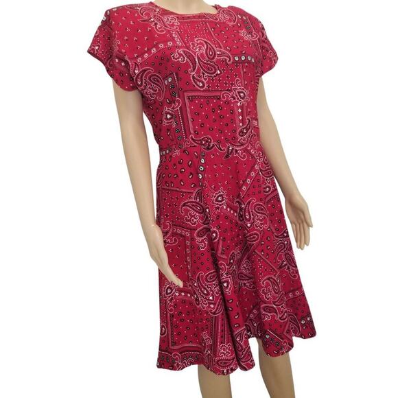 80s Midi Red Kerchief Print Dress Button Short Sleeve Crew Neck VINTAGE Size XL - Picture 1 of 8